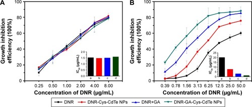 Figure 6 Inhibition profiles of DNR, DNR-Cys-CdTe NPs, DNR+GA, and DNR-GA-Cys-CdTe NPs for (A) Raji and (B) Raji/DNR cells.Notes: IC50 of DNR, DNR-Cys-CdTe NPs, DNR+GA, and DNR-GA-Cys-CdTe NPs for (A) Raji (P>0.05) and (B) Raji/DNR cells (P<0.05).Abbreviations: Cys, cysteamine; CdTe, cadmium-tellurium; DNR, daunorubicin; GA, gambogic acid; NPs, nanoparticles.