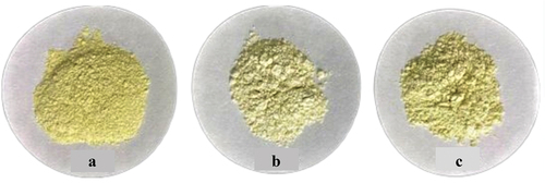Figure 5. Colour of mung bean powder under different grinding methods. (a) – crushing machine, (b) – ball mill, and (c) – Vibratory mill (Adapted from Yu et al., Citation2023).