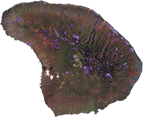 Figure 1. Map of collected ground control polygons segmented by a 250 m grid (purple polygons) and points used for independent validation of model results (refer to Section 2.7).