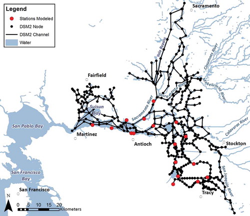 Figure 3. Schematic layout of the 1D Delta Simulation Model (DSM2) domain, showing the channels (black lines) and nodes (black circles). The (red) dots identify the 17 pre-defined hydrodynamic model emulator output locations (as itemized in Fig. 1).