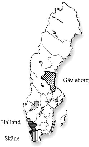 Figure 1. The location of the Gävleborg region, the Halland region and the Skåne region in Sweden.