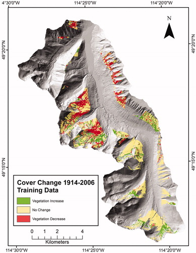 Figure 3. Canopy change classification for area observed in Mountain Legacy Project (MLP) imagery, at Alpine Treeline Ecotone (ATE) elevation. Areas of vegetation decrease, in red, occur predominantly on warm slopes, while areas of vegetation decrease, in green, occur on cool slopes.