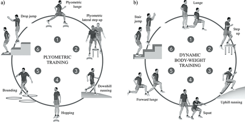 Figure 1. Circuit training protocol for the plyometric training (a) and dynamic body-weight training (b). Adapted from Patoz et al. (Citation2021) with permission.