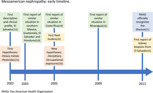Figure 1 Mesoamerican Nephropathy: Early timeline. During the first years after the initial description of the disease, the progress of knowledge was slow, mainly due to the plight of the developing countries where it occurs.