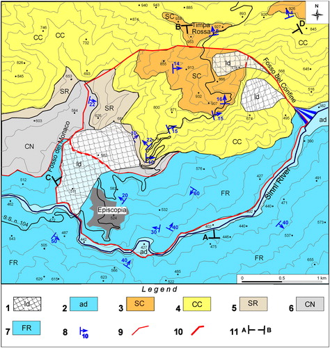 Figure 2. Geological sketch map of the study area. Legend: 1: landslide deposits; 2: alluvial deposits; 3: Serra Corneta Fm (Middle Pleistocene); 4: Castronuovo Fm (Late Pliocene to Early Pleistocene); 5: Saraceno Fm (Late Oligocene to Early Miocene); 6: Crete Nere Fm (Cretaceous to Middle Eocene); 7: Frido Fm (Oligocene); 8: Bed attitude; 9: Tectonic boundary; 10: DSGSD boundary; 11: Trace of geological cross-sections in Figure 3.