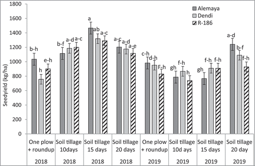 Figure 5. The interaction effects of year by cultivars by tillage on the SY of lentil at Ude in the central highland of Ethiopia. Different letters within figure components indicate significant differences at LSD 0.05