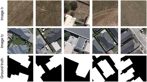 Figure 2. Representative change samples in the WHU Building dataset. Image t1 and t2 represent bi-temporal images covering the same area. Ground truth represents building change labels of bi-temporal images, with white indicating the changed area and black indicating the unchanged area.