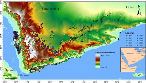 Figure 1. Geographic location of Yemen and the distribution of desert locust occurrences in Yemen for the years 2010 and 2013–2021.