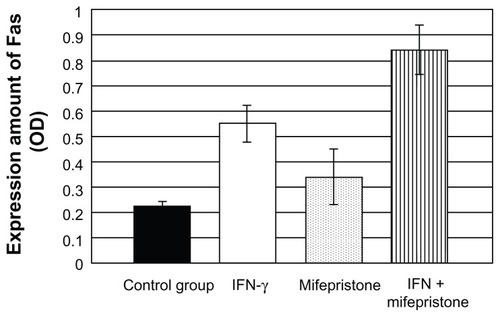 Figure 5 Cell expression of Bax and Bcl-2 mRNA with mifepristone at different concentrations on FRH-0201 cells after 48 hours.