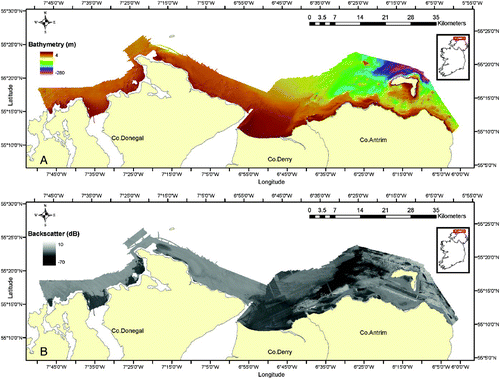 Figure 1. Overview of (A) JIBS bathymetry data and (B) JIBS backscatter data off the north coast of Ireland.