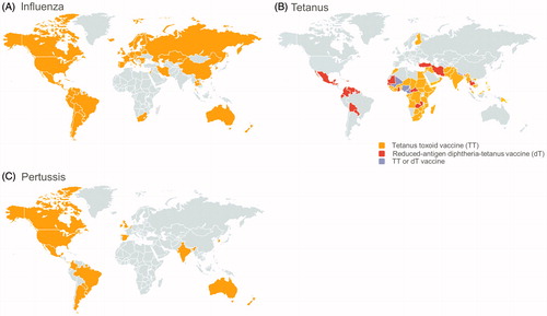 Figure 1. Recommendations for maternal immunization worldwide. (A) Countries with national recommendation for influenza maternal immunization. (B) Countries with national recommendations for tetanus maternal immunization. Countries recommending tetanus–diphtheria–acellular pertussis vaccine are not shown. (C) Countries with national recommendation for pertussis maternal immunization with either tetanus–diphtheria–acellular pertussis or diphtheria–tetanus–acellular pertussis-inactivated poliovirus vaccine. Maps are based on data retrieved from the World Health Organization website in February 2016 [Citation115].