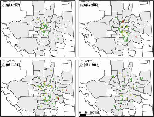 Fig. 2 (Colour online) Maps of central Alberta showing the detection of the original ‘population one’ and ‘population two’ of Plasmodiophora brassicae in canola root galls over time. (A) Samples collected from 2005 to 2007. (B) Samples collected from 2008 to 2010. (C) Samples collected from 2011 to 2013. (D) Samples collected from 2014 to 2016. The P. brassicae strains were determined by qPCR analysis. Green circles indicate only ‘population one’ strains were detected. Yellow triangles indicate trace levels of ‘population two’ were detected (<1% of total P. brassicae DNA). Red stars indicate galls predominantly infected (>99%) by ‘population two’ strains. The Alberta municipal boundaries shape file is from AltaLIS and is used under the Open Data Licence.