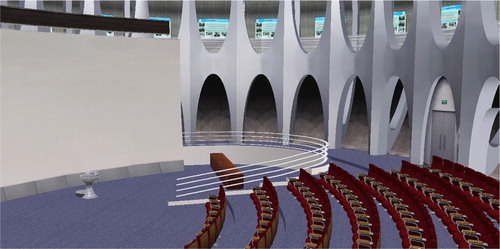 Figure 1. Virtual scene of the Virtual Reality Hall. The white part on the left is a huge spherical screen wall. The pillars are in the top right of the figure and the outer wall is behind the pillars. The structure error of this model is around 10 cm.