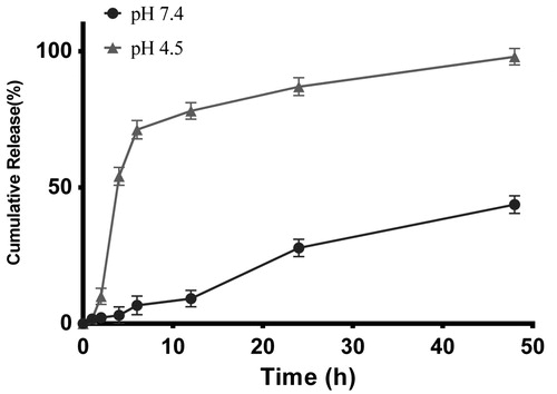 Figure 6 In vitro DADS release profiles from SLN at neutral condition (pH 7.4) and acidic conditions (pH 4.5) at 37 °C. Each point represents the mean ± SEM, and P < 0.05 was considered to be statistically significant.