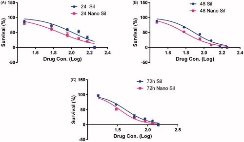 Figure 5. Cytotoxic effect of different concentrations of silibinin on A549 lung cancer cell line during 24 (A), 48 (B), and 72(C) h.