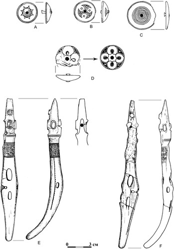 Figure 8. Drawing of A–D) knobs and E–F) antler cheekpieces from Horse 2.