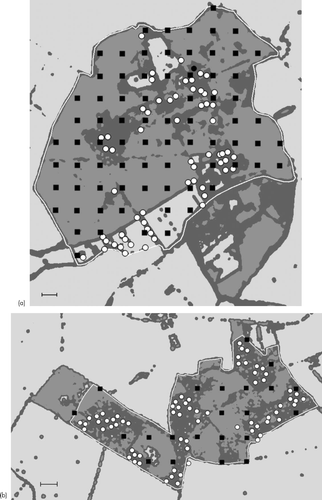 Figure 3 Maps showing the distribution of suitable habitat in (a) Monks Wood; (b) Bradfield Woods; and (c) Sheephouse Wood. Dark grey areas are suitable habitat between 0.6 m and 9.3 m, medium grey areas are unsuitable habitat taller than 9.3 m, pale grey areas are unsuitable habitat shorter than 0.6 m. The maps are based on the mean height of a 15 m radius around each pixel of the Digital Canopy Height Model for each wood. Habitat categories are based on the Monks Wood habitat model (Table 1). Each study area is outlined in white and the locations of birds used in the habitat models are shown by white dots, locations of grid sample absences are shown by black squares. The scale bar on each map represents 100 m.