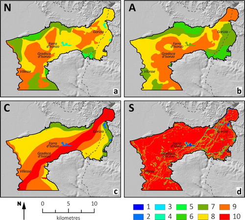 Figure 4. (a) Scores for the attenuation action of the unsaturated zone (N); (b) Ratings related to the aquifer characteristics (A); (c) Scores for the hydraulic conductivity (C); (d) Ratings for the slope ranges (S).