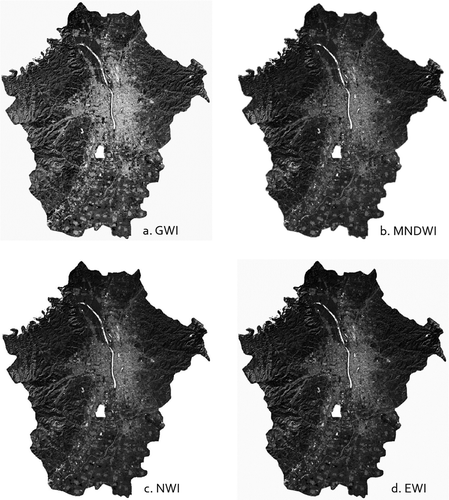 Figure 4. Index images of the study area extracted using different methods: GWI (a), MNDWI (b), NWI (c) and EWI (d).