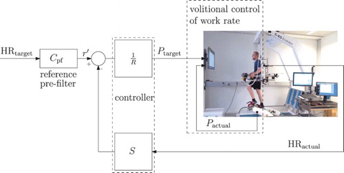 Figure 2. Overall control structure with inner human-in-the-loop volitional control of exercise work rate and outer loop for automatic feedback control of heart rate. : target work rate. : calculated actual work rate. : target heart rate. : measured heart rate.