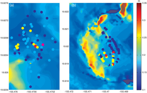 FIGURE 6. (a) Pu‘u Hau'oki, and (b) Pu‘u Wēkiu modeled snow depth (color contours in m) for 0959 UTC 11 January 2011; snow depth observations (colored dots) between 2130 UTC 11 January and 0000 UTC 12 January 2011.