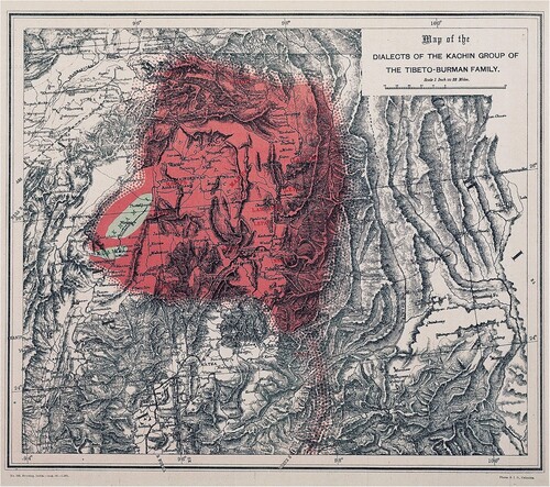 Fig. 8. ‘Map of the Dialects of the Kachin Group of the Tibeto-Burman Family’, in George A. Grierson, ed., Linguistic Survey of India, vol. 3:2, Tibeto-Burman Family II (Calcutta, 1903), facing p.499. Scale 1 inch = 32 miles. 34 × 36 cm. Specific Kachin dialects are written in red text. The map uses a series of graduated dots to avoid the appearance of ‘hard and fast’ language boundaries. (Courtesy of the Digital South Asia Library, University of Chicago.)