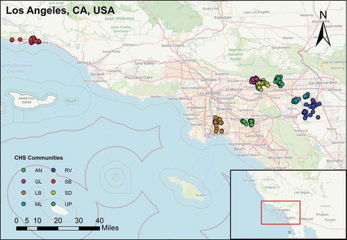 Figure 1. Map of CHS southern California communities participating in the ICV2 sampling campaign (AN = Anaheim, GL = Glendora, LB = Long Beach, ML = Mira Loma, RV = Riverside, SB = Santa Barbara, SD = San Dimas, UP = Upland)