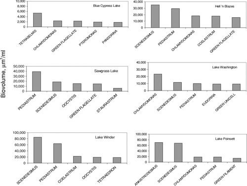 Figure 7 Top five green algal genera in USJRB lakes. Bars represent the average monthly biovolume of 30 months of data, from March 2001 through November 2004. Note variable y-axis scaling.