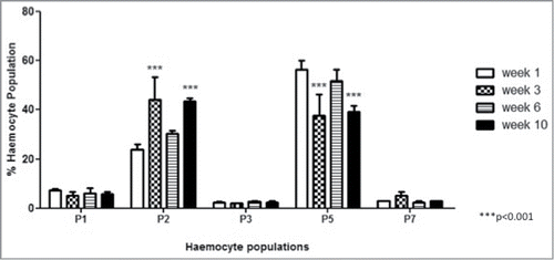 Figure 4. Fluctuations in haemocyte sub-populations in larvae incubated at 15°C for 1, 3, 6 and 10 weeks. The relative proportion of haemocyte sub-populations in larvae was measured by FACS analysis (p is relative to the haemocyte sub-population at week 1).