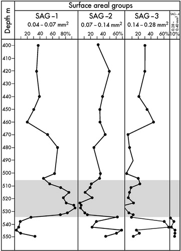 Fig. 7 Distribution of foraminiferal test surface area groups (SAG) in the lower 150 m of core BH9/05. The Paleocene–Eocene Thermal Maximum (PETM) anomaly (shaded) is characterized by reduced test dimensions shown by the high dominance of SAG-1.