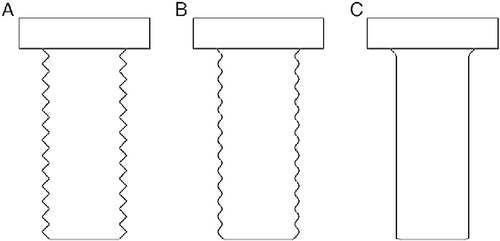Figure 5 Phase relationship of SMP MPL screws: (A) below T x , (B) slightly below T x and (C) above T x .