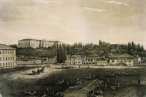 Figure 4. The Maidan (then Khreshchatytska Square) in the 1850s. Instytutska Street and the Institute’s building are in the upper left corner. Lithograph. Author’s collection.