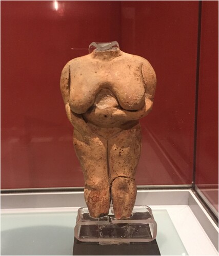 Figure 6. Venus of Ħaġar Qim as exhibited at Malta’s National Museum of Archaeology. Photo by Enrique Tabone available on Wikimedia Commons, CC-by-SA.