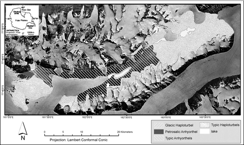 FIGURE 3 Preliminary soils map of Taylor Valley. Place names referred to in the text are given in the caption of Figure 1.