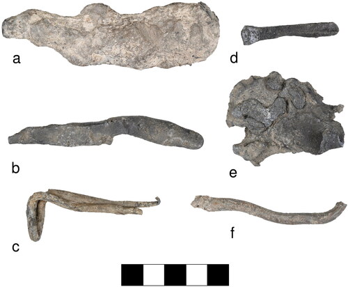 Fig 2 Selection of lead and lead-tin artefacts analysed in this study: (a) ingot, 5897; (b) bar, 2262; (c) rod, 3837; (d) bar, 2262; e) sheet, 2076; (f) bar, 1170. Photographs: York Archaeological Trust.