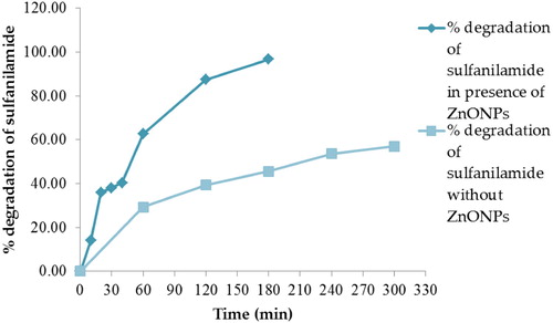 Figure 13. Percentage degradation of sulfanilamide at different time interval in the presence and absence of 0.10% ZnO NPs under natural sunlight.