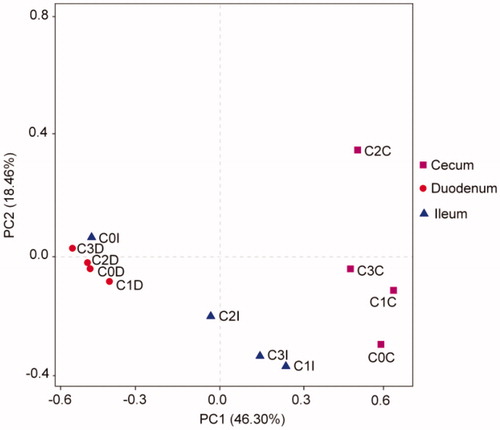Figure 2. Principal coordinate analysis (PCoA) of the dissimilarity between the microbial samples: PCoA plotted against the PC1 vs. PC2 axes. The percentages indicate the relative contribution of the two principal coordinates (PC1-PC2). C0: control; C1, C2 and C3: dietary supplementation of 5%, 8% and 10% fresh chicory forage (on dry matter base), respectively.