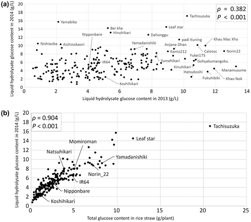 Fig. 3. Liquid hydrolysate glucose content of 208 rice cultivars in 2013 and 2014 (a) and relationships of liquid hydrolysate glucose content and total glucose content in rice straw in 2014 (b).