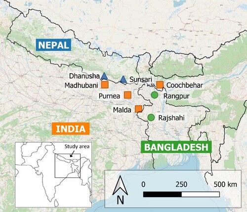 Figure 1. Approximate location of the eight Districts of the SRFSI project where the Innovation Platforms were evaluated. Dhanusha and Sunsari (blue triangles) were in the terai of Nepal, Madhubani and Purnea (orange squares) were in Bihar, India, Coochbehar and Malda (orange squares) were in West Bengal, India, and Rangpur and Rajshahi (green circles) were in Northwest Bangladesh. Base map from QGIS using Open Street Maps. Country borders are approximate only.