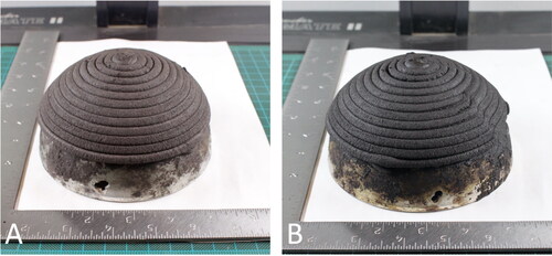 Figure 9. Composite dome produced via additive manufacturing from the composite formulation before cure (A) and after cure (B).