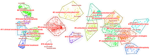 Figure 12 Cluster map of references co-citation on acupuncture therapy for postoperative pain.