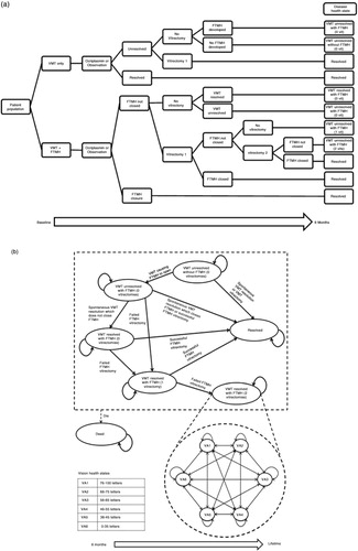 Fig. 1. (a) First component of the model: decision-tree structure and resulting disease health states for the start of the extrapolation. (b) Second component of the model: disease health states, vision health states, and associated transitions in the Markov extrapolation. FTMH, full thickness macular hole; VA, visual acuity; VMT, vitreomacular traction.