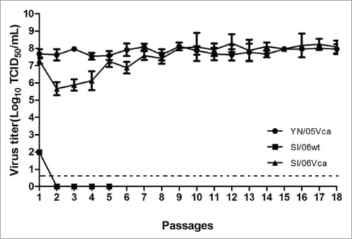 Figure 1. Growth characteristics of SI/06Vca in Vero cells at 25°C, compared with YN/05Vca and SI/06wt, from the 1st to 18th passages in parallel testing, according to MOI testing.