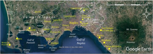 Figure 3. Satellite view (from GoogleEarthPro; location in Figure 1) of the Naples and Campi Flegrei area, with the indication of locations of the quarters of the Naples urban area and main towns of the Naples metropolitan area (yellow characters) and main toponyms (white characters). The white line delimitates Naples municipality.