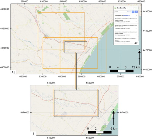 Figure 5. (A1) screenshot of the new Track and Service Highway data as visualized in the OSM database, with some of the changes in the database highlighted in the detail inset (A2). (B) Enlargement of the map in (A1) around an area close to the Bradano River (yellow-shaded rectangle in A1). Brown dotted lines represent the track roads, while grey lines represent service roads, mostly hit by flood effects.