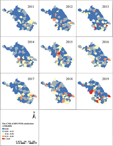 Figure 3 Spatial distribution of HIV-PTB coinfection notification rates in Jiangsu Province from 2011 to 2019.