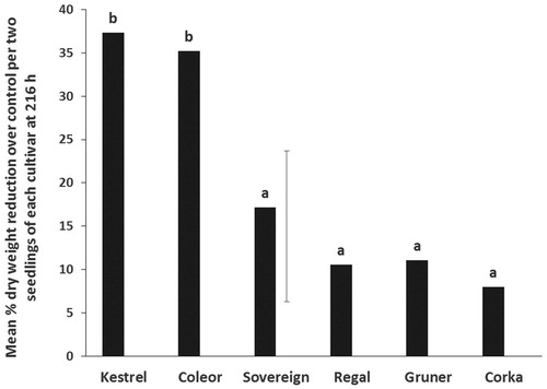 Figure 4. Mean percentage dry weight reduction over control from adult wheat bugs on six kale cultivars in no-choice tests. Means with no letters in common are significantly different (Unprotected LSD; P < 0.05). The vertical bar is the least significant difference, LSD (5%) (n = 10).