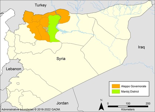 Figure 1. Map of Syria showing Manbij region within Aleppo Governorate (Source: Adnan Almohamad 2023).