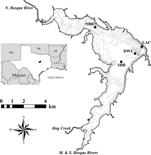 Figure 1 Lake Waco bathymetric map indicating North Bosque River (NBR), South Bosque River (SBR), deep-water upwelling (DWU), and lacustrine (LAC) sampling stations. Contour lines represent 5 ft (1.5 m) depth intervals and become deeper near dam. Bathymetry data were post-processed from original source (TWDB 2003). Inset map indicates McLennan County, TX