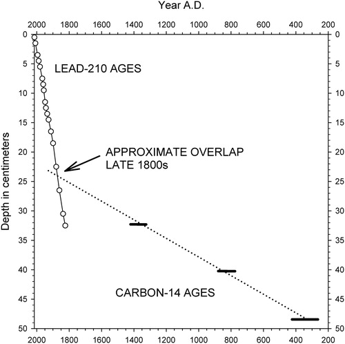 Figure 4. Composite of linear age–depth models for core WP-2 using 210Pb (solid line) and radiocarbon dating (dotted line). The approximated intersection of the age–depth lines at ∼23–24 cm depth suggests that sediment accumulation rates accelerated during the late 19th century.